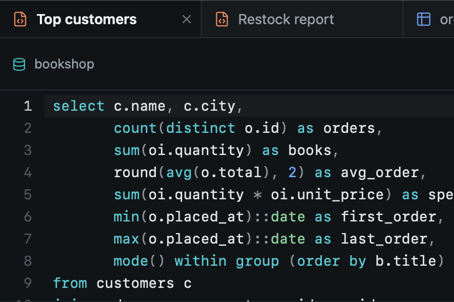 Two query tabs, Top customers and Restock report, above a query in the editor.