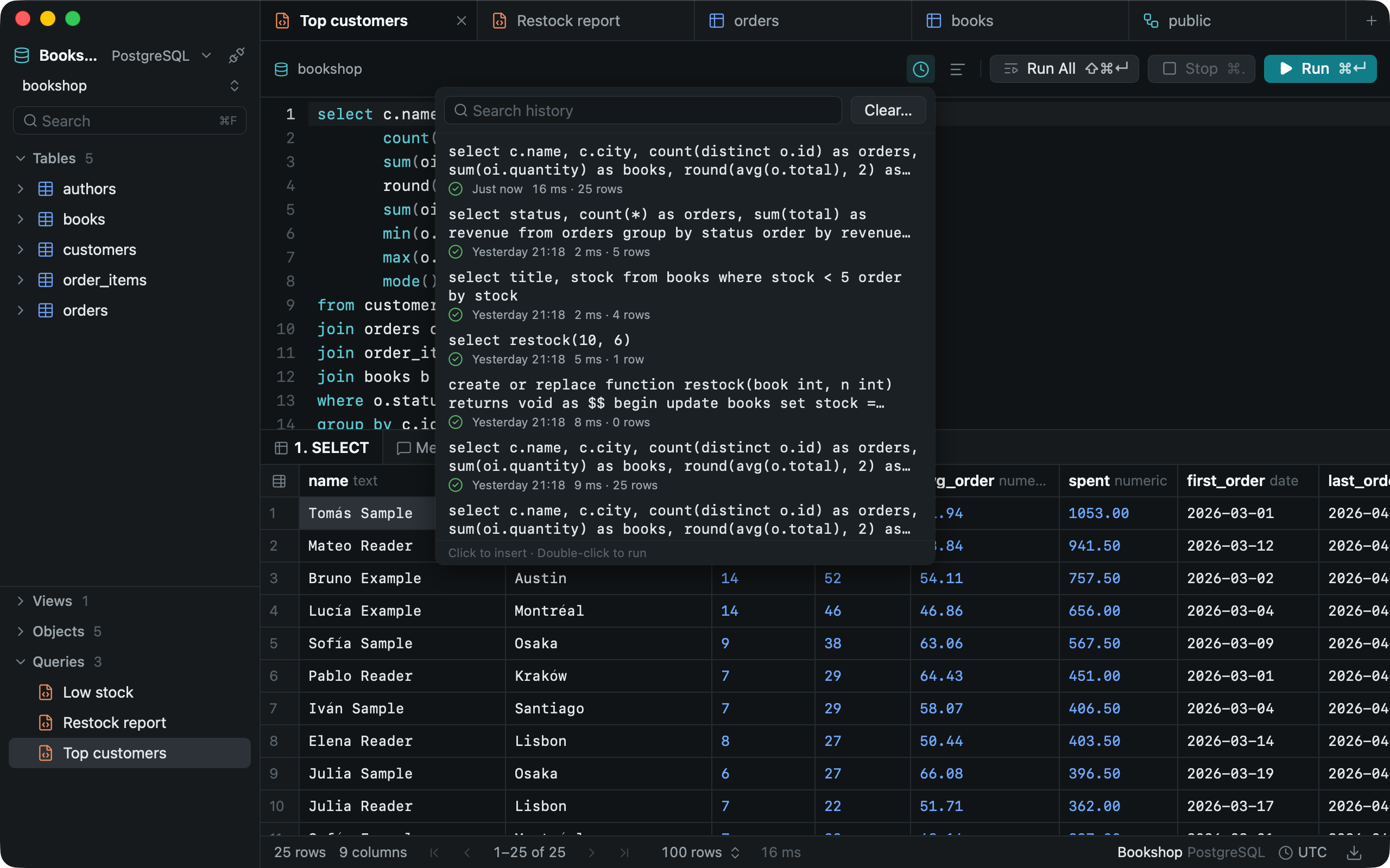 Query History open over the editor: each statement run, with when it ran, how long it took and its row count, and a search field above.
